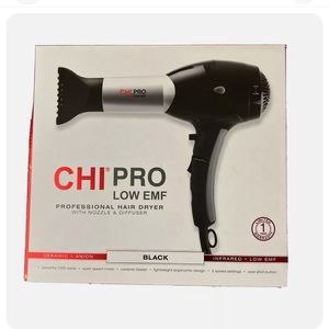 Brand New CHI Pro Low EMF Professional Hair Dryer Black With Nozzle & Diffuser